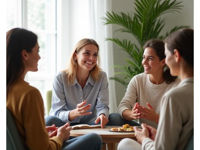 Group of diverse adults comfortably engaging in a wellness session, smiling and collaborating.