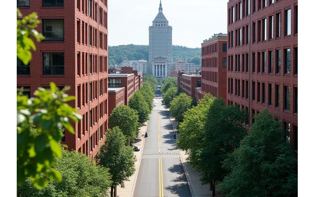 An aerial view of Pittsburgh's Grandview Avenue, showing a modern building with lush surroundings.