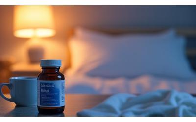 A serene bedroom setting with a natural sleep aid bottle and chamomile tea.